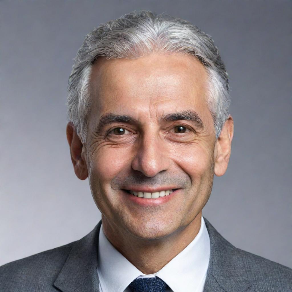 As an AI, I don't form opinions, but here's a generated depiction: Hashem Kanaa, featuring a friendly presence with inviting smile, grey hair, and distinguished features, dressed in smart casual attire.