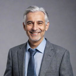 As an AI, I don't form opinions, but here's a generated depiction: Hashem Kanaa, featuring a friendly presence with inviting smile, grey hair, and distinguished features, dressed in smart casual attire.