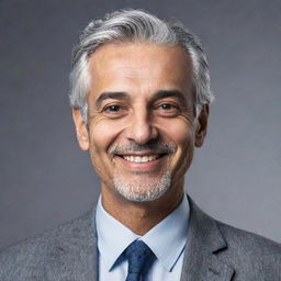 As an AI, I don't form opinions, but here's a generated depiction: Hashem Kanaa, featuring a friendly presence with inviting smile, grey hair, and distinguished features, dressed in smart casual attire.