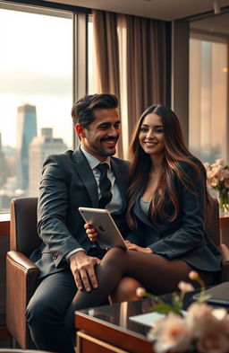 A captivating scene from a long-distance relationship romance novel, featuring a handsome CEO with sharp features and an elegant suit, sitting in a luxurious, modern office with a city skyline view