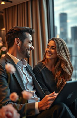 A captivating scene from a long-distance relationship romance novel, featuring a handsome CEO with sharp features and an elegant suit, sitting in a luxurious, modern office with a city skyline view