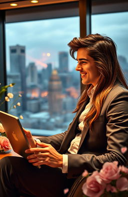 A captivating scene from a long-distance relationship romance novel, featuring a handsome CEO with sharp features and an elegant suit, sitting in a luxurious, modern office with a city skyline view