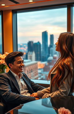 A captivating scene from a long-distance relationship romance novel, featuring a handsome CEO with sharp features and an elegant suit, sitting in a luxurious, modern office with a city skyline view