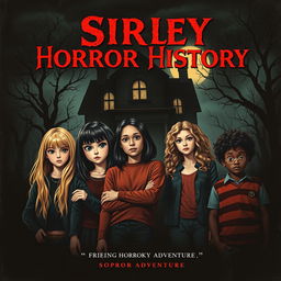 A movie poster for the film "Sirley Horror History", featuring a diverse group of friends in a spooky, atmospheric setting