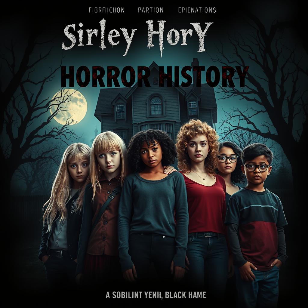 A movie poster for the film "Sirley Horror History", featuring a diverse group of friends in a spooky, atmospheric setting