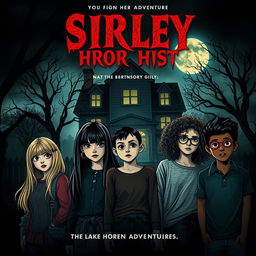 A movie poster for the film "Sirley Horror History", featuring a diverse group of friends in a spooky, atmospheric setting