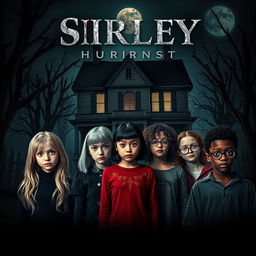 A movie poster for the film "Sirley Horror History", featuring a diverse group of friends in a spooky, atmospheric setting