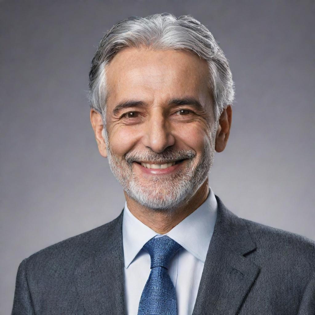 As an AI, I don't form opinions, but here's a generated depiction: Hashem Kanaa, featuring a friendly presence with inviting smile, grey hair, and distinguished features, dressed in smart casual attire.