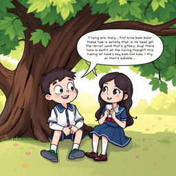 In a charming illustration, Buster and Sophie are sitting underneath a large, leafy tree, engaged in an animated discussion