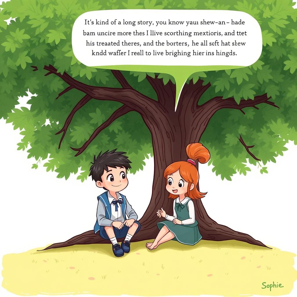 In a charming illustration, Buster and Sophie are sitting underneath a large, leafy tree, engaged in an animated discussion