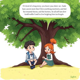 In a charming illustration, Buster and Sophie are sitting underneath a large, leafy tree, engaged in an animated discussion