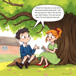 In a charming illustration, Buster and Sophie are sitting underneath a large, leafy tree, engaged in an animated discussion