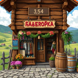 Painted pixel art capturing a rustic Russian village shop named 'Шаферочка'