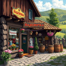 Painted pixel art capturing a rustic Russian village shop named 'Шаферочка'