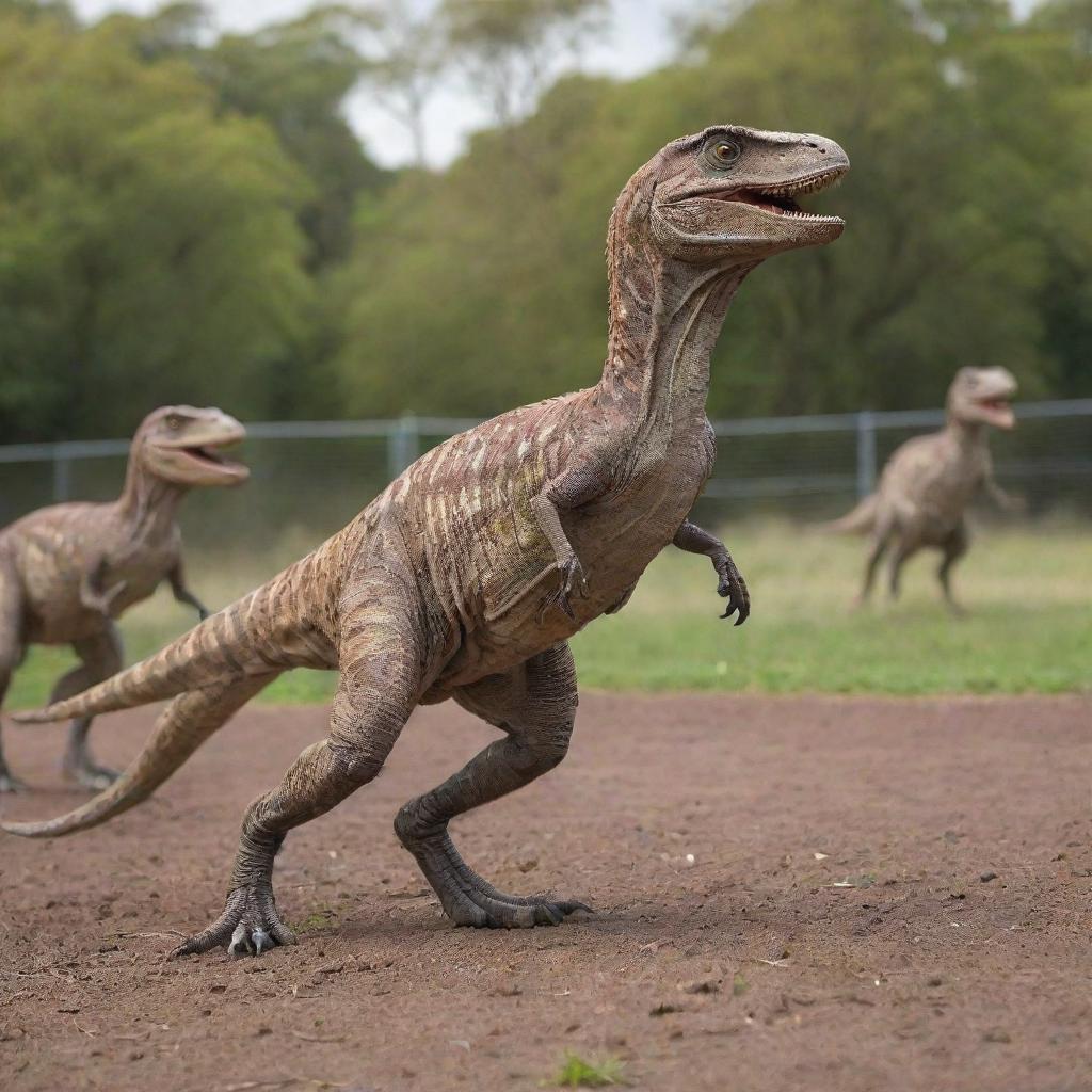 Not far from the Tyrannosaurus enclosure, a pack of nimble Velociraptors are seen behind a sturdy, 5-metre-high electric fence. Their quick, agile movement draw gasps from the viewers.