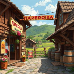 Painted pixel art capturing a rustic Russian village shop named 'Шаферочка'