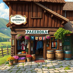 Painted pixel art capturing a rustic Russian village shop named 'Шаферочка'