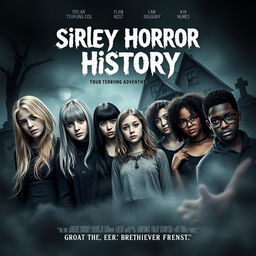 A movie poster for the film "Sirley Horror History", showcasing a diverse group of friends