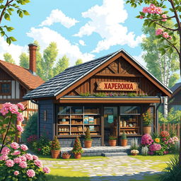 Drawing pixel art featuring a semi-modern Russian shop named 'Шаферочка', situated in a quaint village