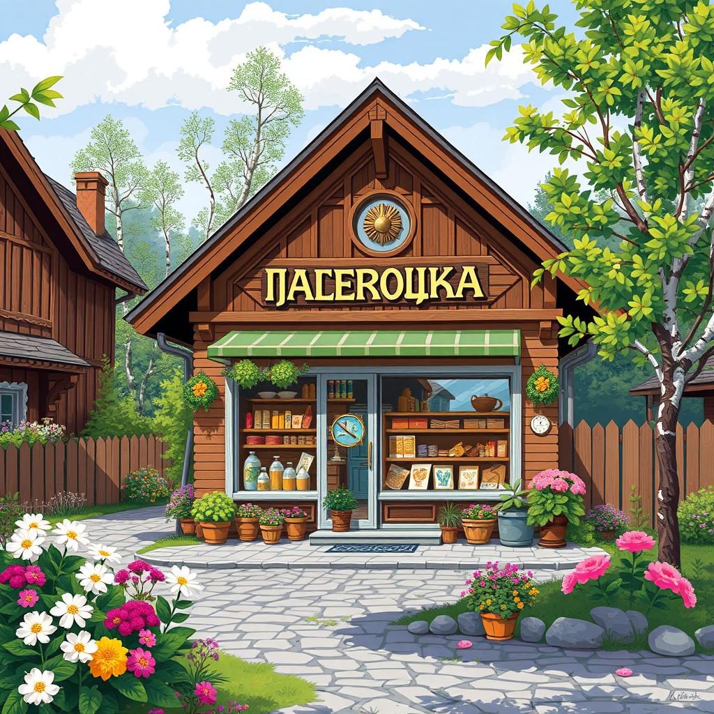 Drawing pixel art featuring a semi-modern Russian shop named 'Шаферочка', situated in a quaint village