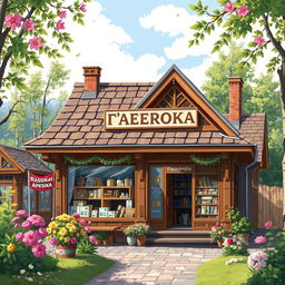 Drawing pixel art featuring a semi-modern Russian shop named 'Шаферочка', situated in a quaint village