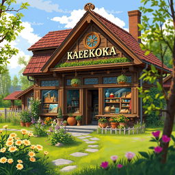 Drawing pixel art featuring a semi-modern Russian shop named 'Шаферочка', situated in a quaint village