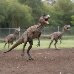 Not far from the Tyrannosaurus enclosure, a pack of nimble Velociraptors are seen behind a sturdy, 5-metre-high electric fence. Their quick, agile movement draw gasps from the viewers.