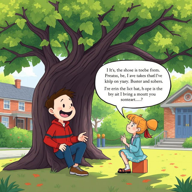 In a delightful illustration, Buster and Sophie are animatedly discussing beneath a large, leafy tree in a vibrant schoolyard