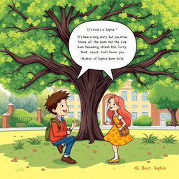 In a delightful illustration, Buster and Sophie are animatedly discussing beneath a large, leafy tree in a vibrant schoolyard