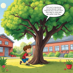 In a delightful illustration, Buster and Sophie are animatedly discussing beneath a large, leafy tree in a vibrant schoolyard