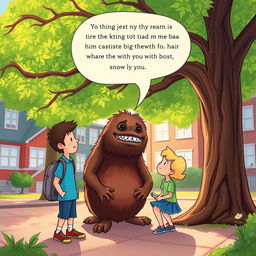 In a delightful illustration, Buster and Sophie are animatedly discussing beneath a large, leafy tree in a vibrant schoolyard