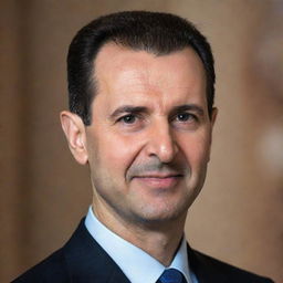 Generate a respectful portrait image of the current Syrian president, Bashar al-Assad, showcasing him in a formal attire with an aura of leadership, looking straight with a gentle smile.