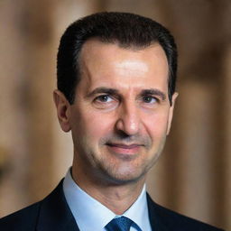 Generate a respectful portrait image of the current Syrian president, Bashar al-Assad, showcasing him in a formal attire with an aura of leadership, looking straight with a gentle smile.