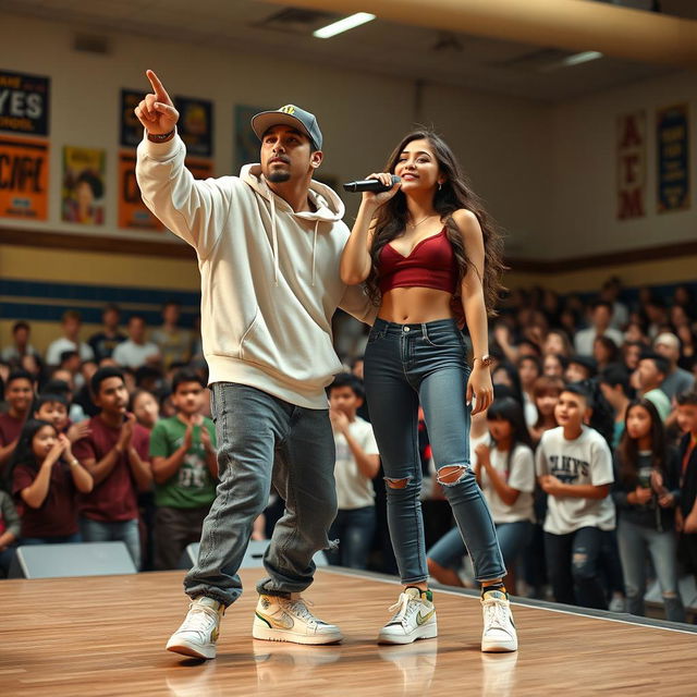 A Hispanic couple, a boyfriend and girlfriend, dressed in fashionable rapper outfits