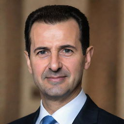 Generate a respectful portrait image of the current Syrian president, Bashar al-Assad, showcasing him in a formal attire with an aura of leadership, looking straight with a gentle smile.