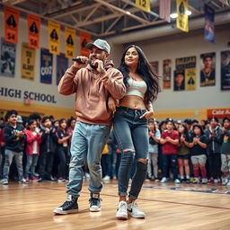 A Hispanic couple, a boyfriend and girlfriend, dressed in fashionable rapper outfits