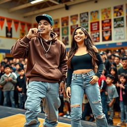 A Hispanic couple, a boyfriend and girlfriend, dressed in fashionable rapper outfits