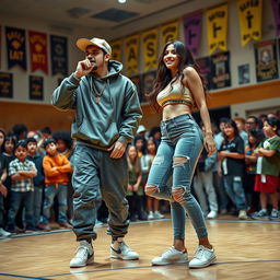 A Hispanic couple, a boyfriend and girlfriend, dressed in fashionable rapper outfits