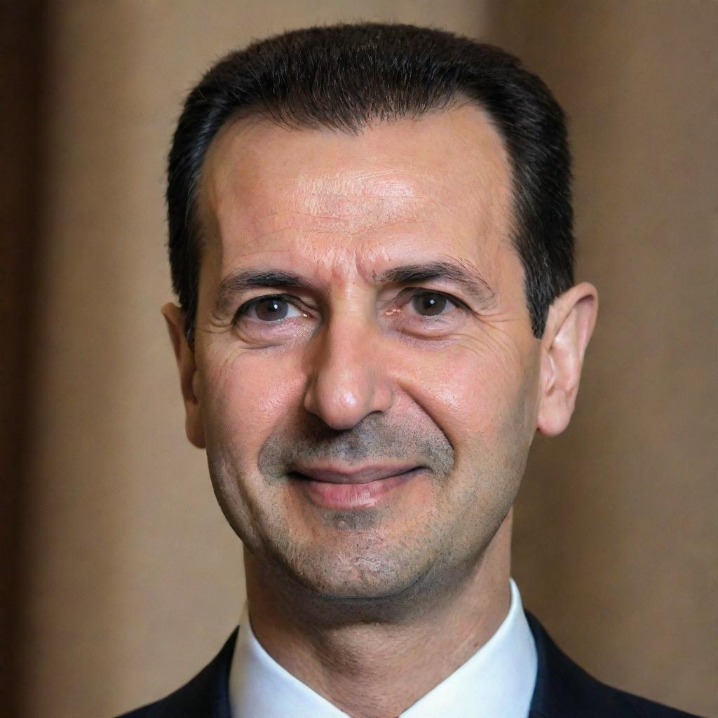 Generate a respectful portrait image of the current Syrian president, Bashar al-Assad, showcasing him in a formal attire with an aura of leadership, looking straight with a gentle smile.