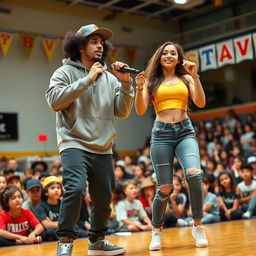 A Hispanic couple, a boyfriend with curly hair and a very beautiful girlfriend, both dressed in trendy rapper outfits