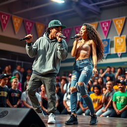 A Hispanic couple, a boyfriend with curly hair and a very beautiful girlfriend, both dressed in trendy rapper outfits