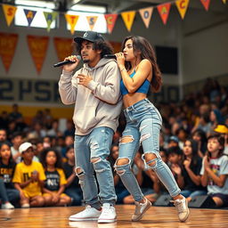 A Hispanic couple, a boyfriend with curly hair and a very beautiful girlfriend, both dressed in trendy rapper outfits