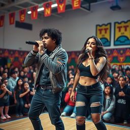 A stunning Hispanic couple, with both the boyfriend and girlfriend being very beautiful, dressed in fashionable rapper outfits