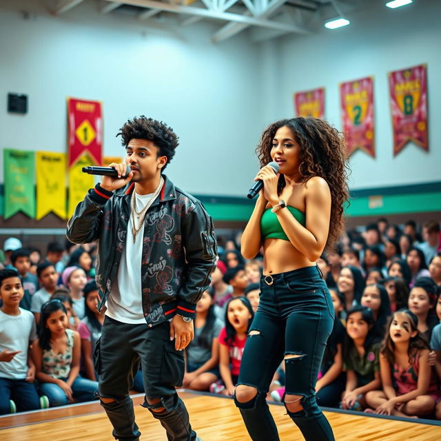 A stunning Hispanic couple, with both the boyfriend and girlfriend being very beautiful, dressed in fashionable rapper outfits