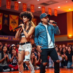 A stunning Hispanic couple, with both the boyfriend and girlfriend being very beautiful, dressed in fashionable rapper outfits