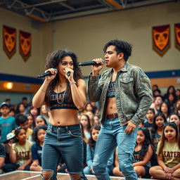 A stunning Hispanic couple, with both the boyfriend and girlfriend being very beautiful, dressed in fashionable rapper outfits