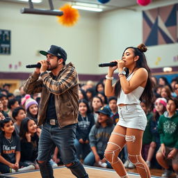 A Hispanic boyfriend and girlfriend duo, both dressed in stylish rapper outfits, are on stage holding microphones and passionately rapping during a high school event