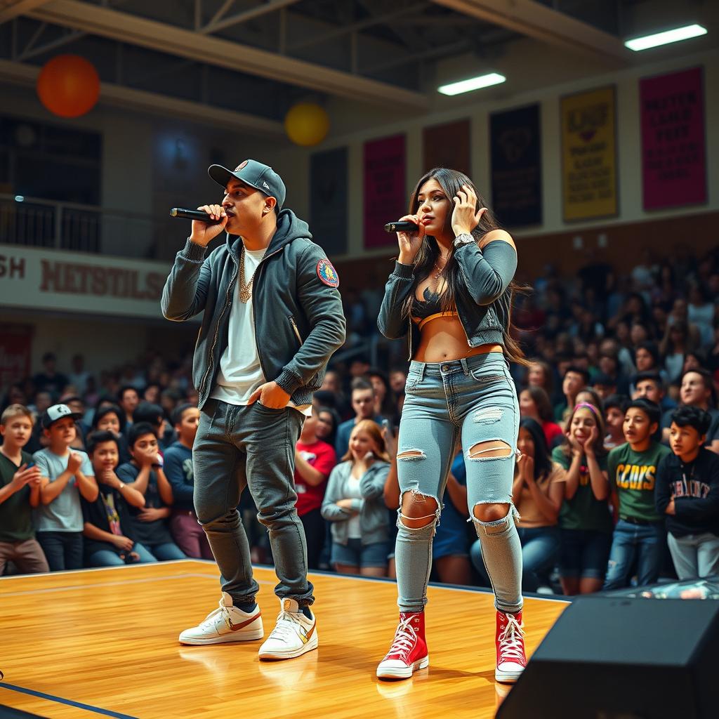 A Hispanic boyfriend and girlfriend duo, both dressed in stylish rapper outfits, are on stage holding microphones and passionately rapping during a high school event