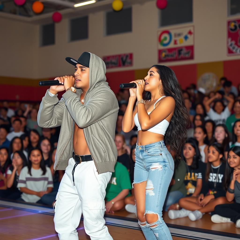 A Hispanic boyfriend and girlfriend duo, both dressed in stylish rapper outfits, are on stage holding microphones and passionately rapping during a high school event