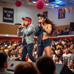 A Hispanic boyfriend and girlfriend duo, both dressed in stylish rapper outfits, are on stage holding microphones and passionately rapping during a high school event